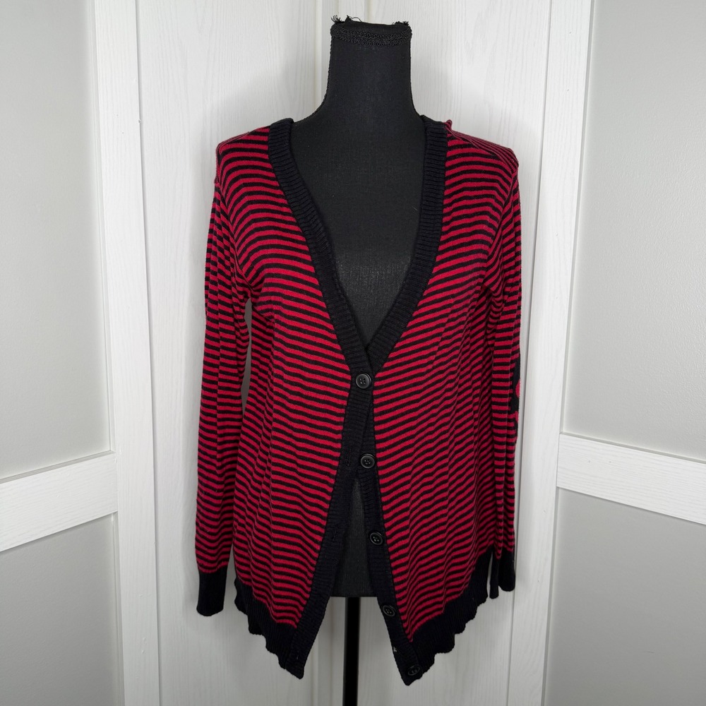 Hot Topic Cardigan Womens MD Red Black Striped Skull Elbow Patch Knit Sweater